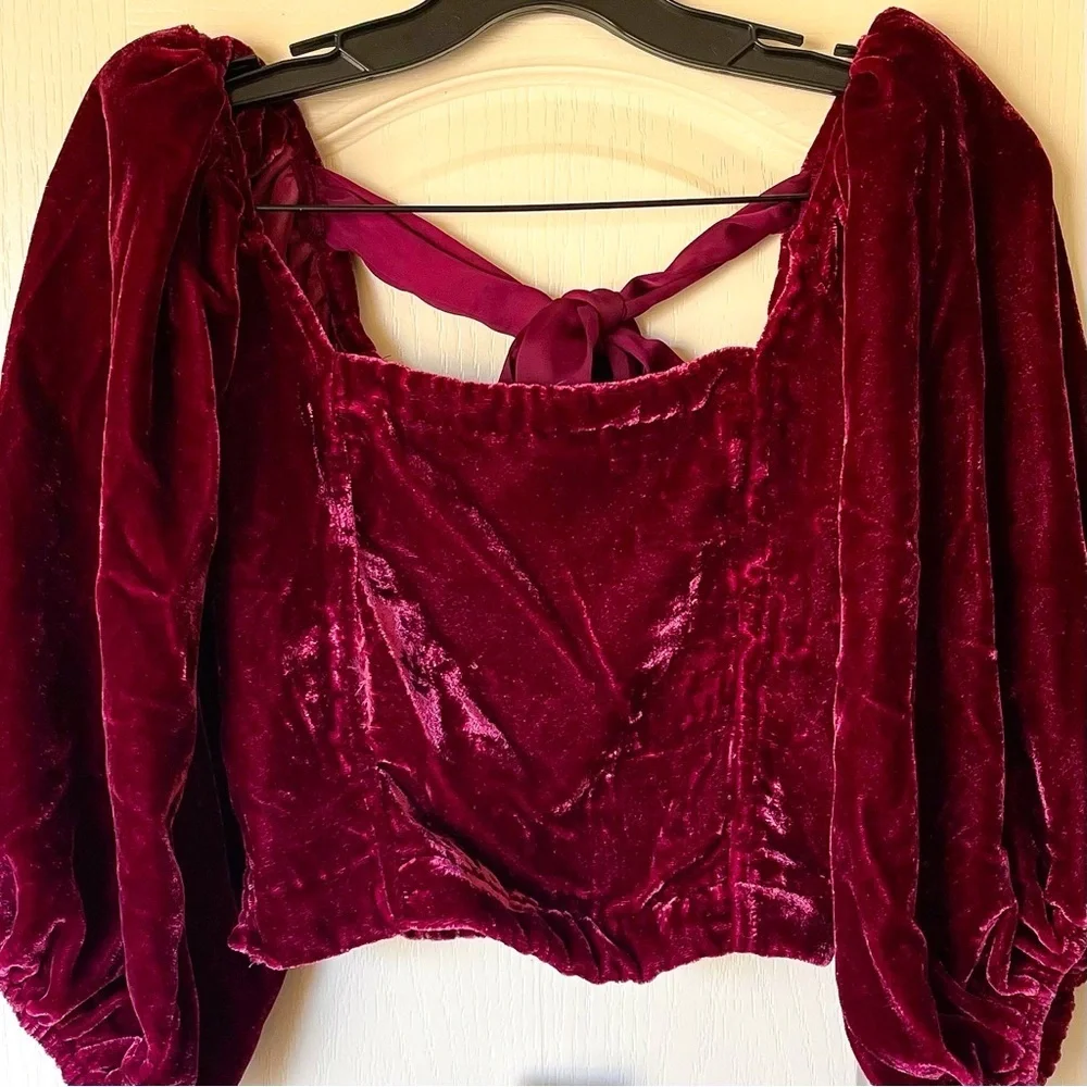 Free People Marie Velvet Open Back Crop Top Balloon Sleeves Red Small NWT